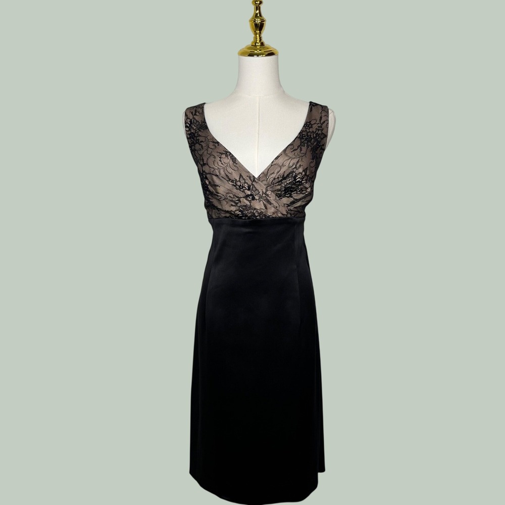 allen b. black beige satin floral lace midi cocktail dress coquette goth chic